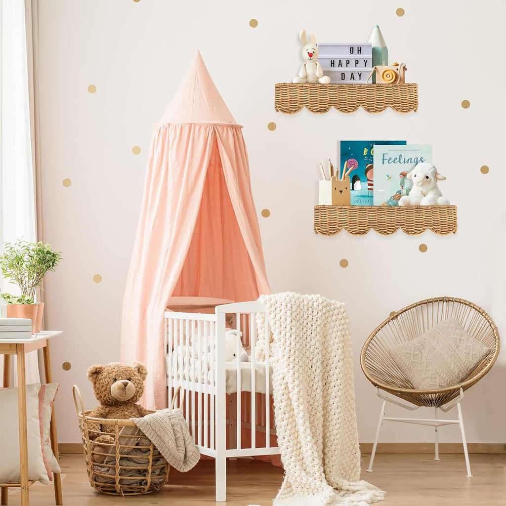 Set of 2 Rattan Scalloped Book Shelves for Kids - Wall Mounted Nursery Decor