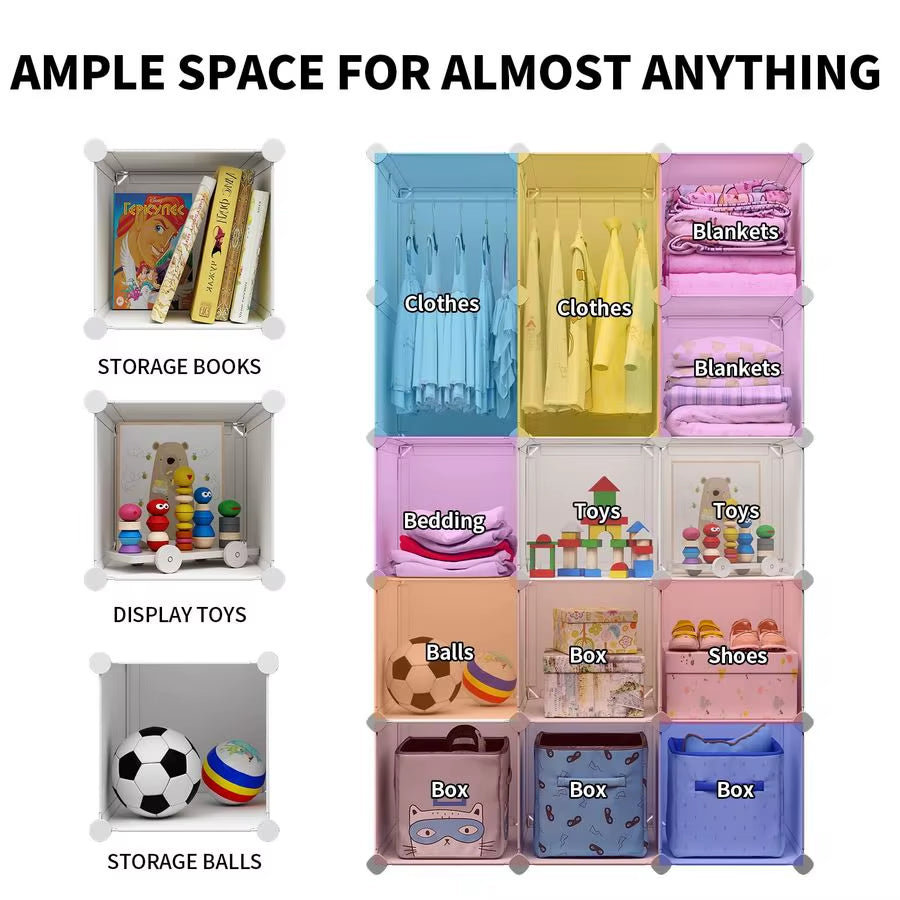 Baby Wardrobe, Modular Kids Dresser,Children Nursery Closet Organizer, 15 Cubes with Hanging Rods,Bedroom,Boys and Girls Storage