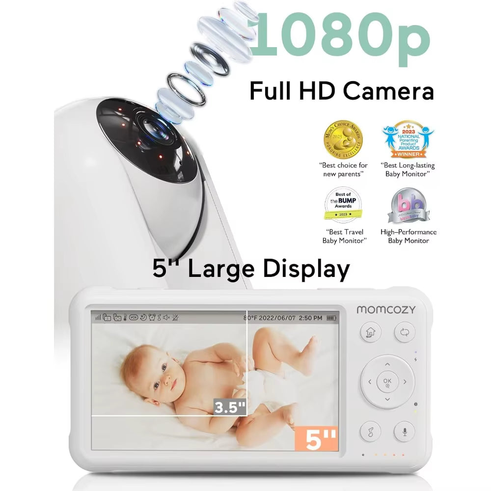 5” Baby Monitor – 2 Cameras, 1080P Split Screen, Audio, No WiFi, 5000mAh Battery
