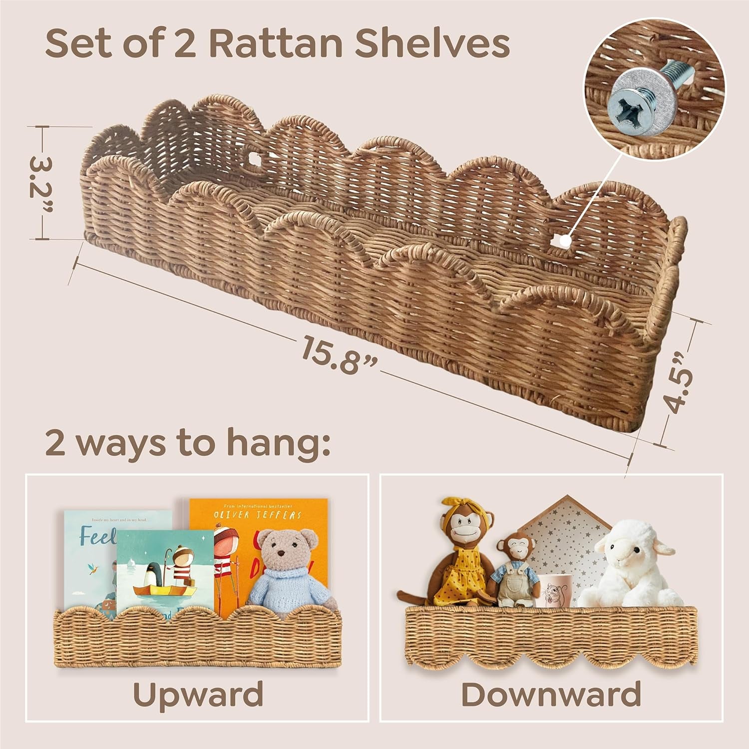 Set of 2 Rattan Scalloped Book Shelves for Kids - Wall Mounted Nursery Decor