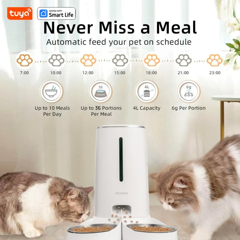 Smart WiFi Automatic Cat Feeder for 2 Cats – 4L Capacity with App Control, Dual Stainless Steel Bowls & Low Food Alerts