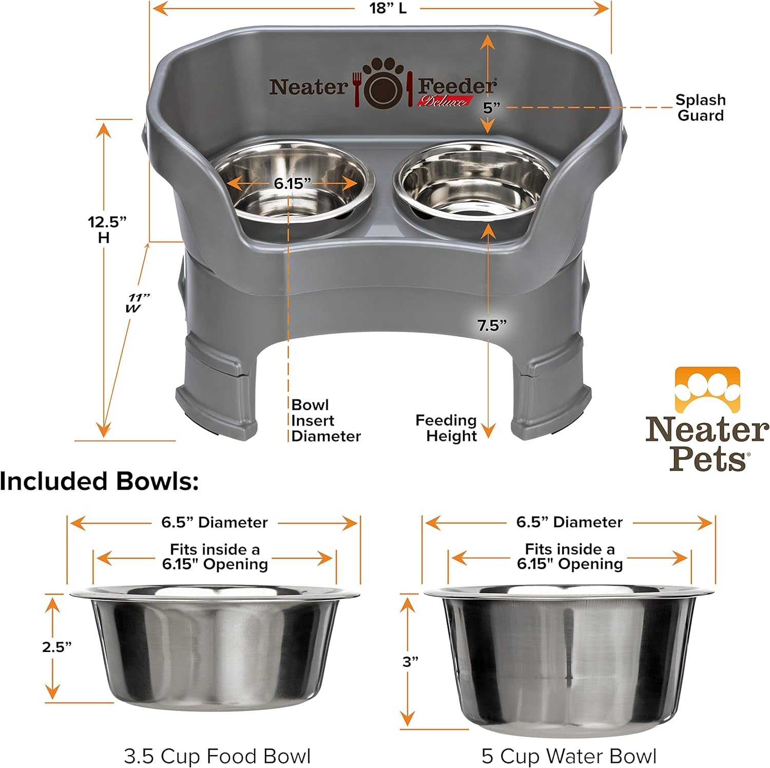 Pet Neater Deluxe Mess-Free Elevated Dog Feeder – Adjustable 10” & 12.5” Stand with Stainless Steel Bowls for Medium Dogs