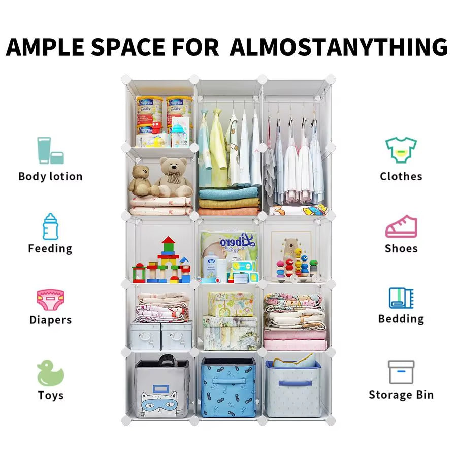 Baby Wardrobe, Modular Kids Dresser,Children Nursery Closet Organizer, 15 Cubes with Hanging Rods,Bedroom,Boys and Girls Storage