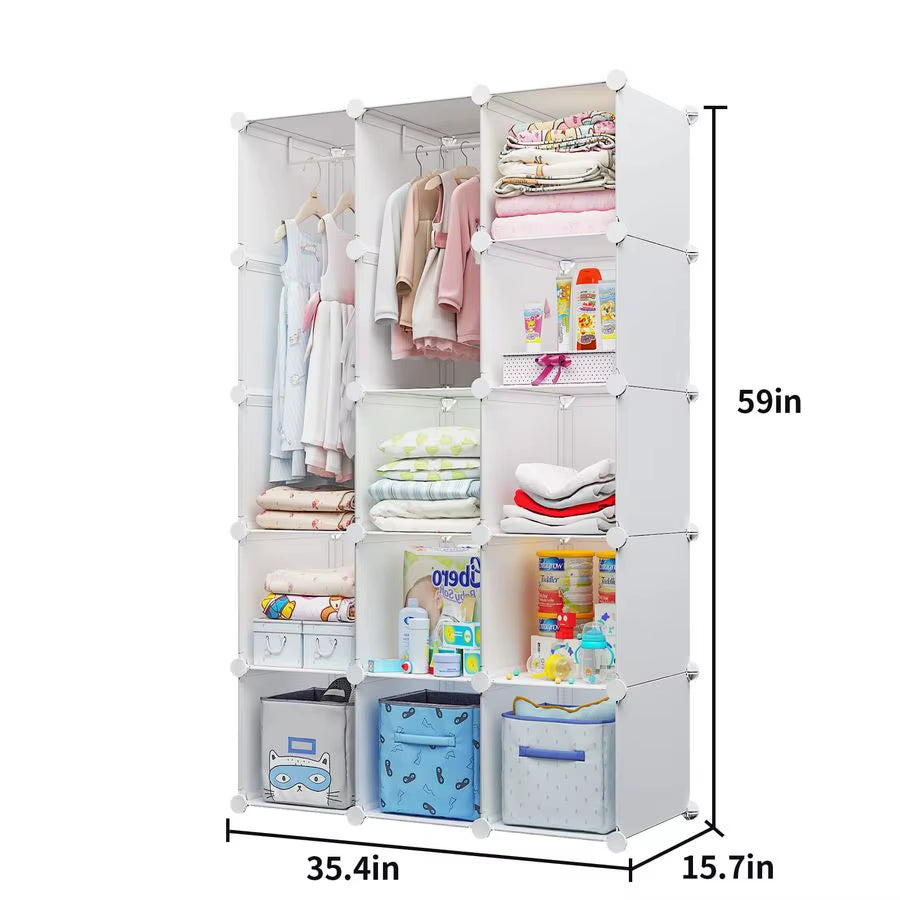 Baby Wardrobe, Modular Kids Dresser,Children Nursery Closet Organizer, 15 Cubes with Hanging Rods,Bedroom,Boys and Girls Storage