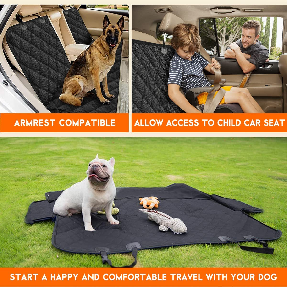 Dog Car Seat Cover, Back Seat Cover for Dogs Pet Car Seat Protector Waterproof Bench Car Seat Cover, Non-Slip Rear Seat Cover Fits Middle Armrest for Most Cars Trucks Suvs - Black