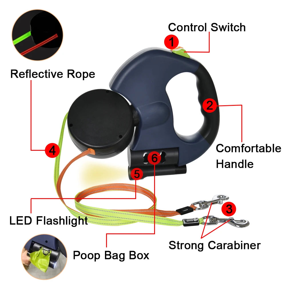 3M Retractable Dual Dog Leash with LED Light – Tangle-Free, 360° Swivel for Small Dogs