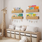 Set of 2 Rattan Scalloped Book Shelves for Kids - Wall Mounted Nursery Decor