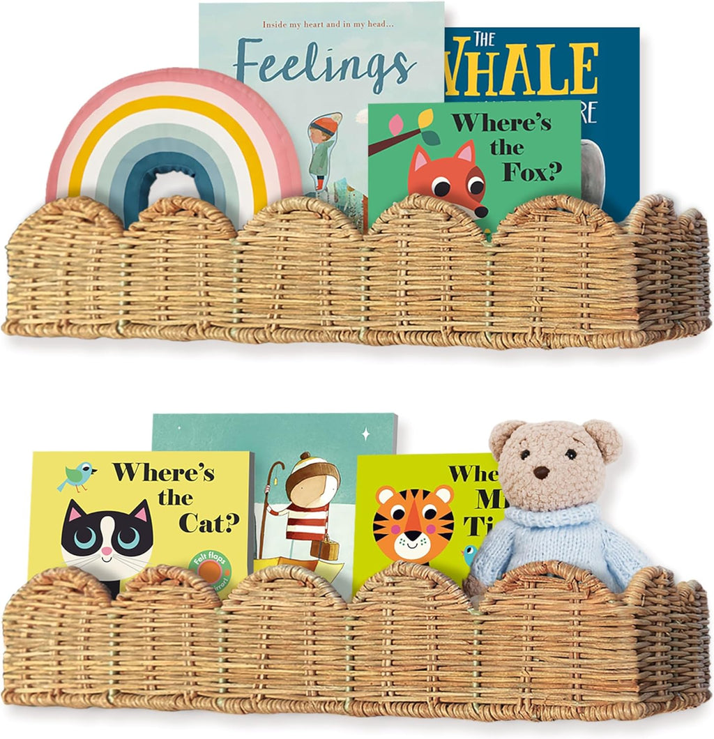 Set of 2 Rattan Scalloped Book Shelves for Kids - Wall Mounted Nursery Decor