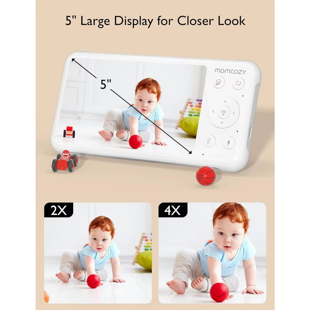 5” Baby Monitor – 2 Cameras, 1080P Split Screen, Audio, No WiFi, 5000mAh Battery