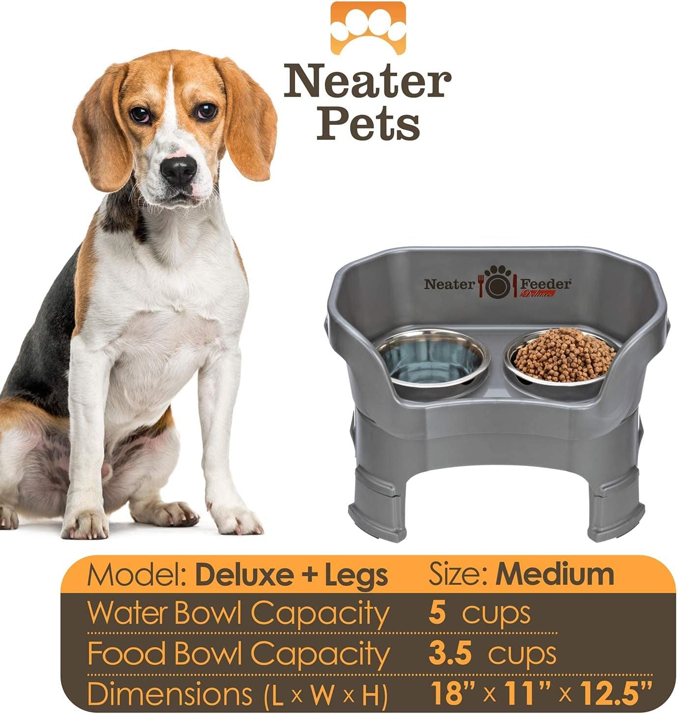 Pet Neater Deluxe Mess-Free Elevated Dog Feeder – Adjustable 10” & 12.5” Stand with Stainless Steel Bowls for Medium Dogs