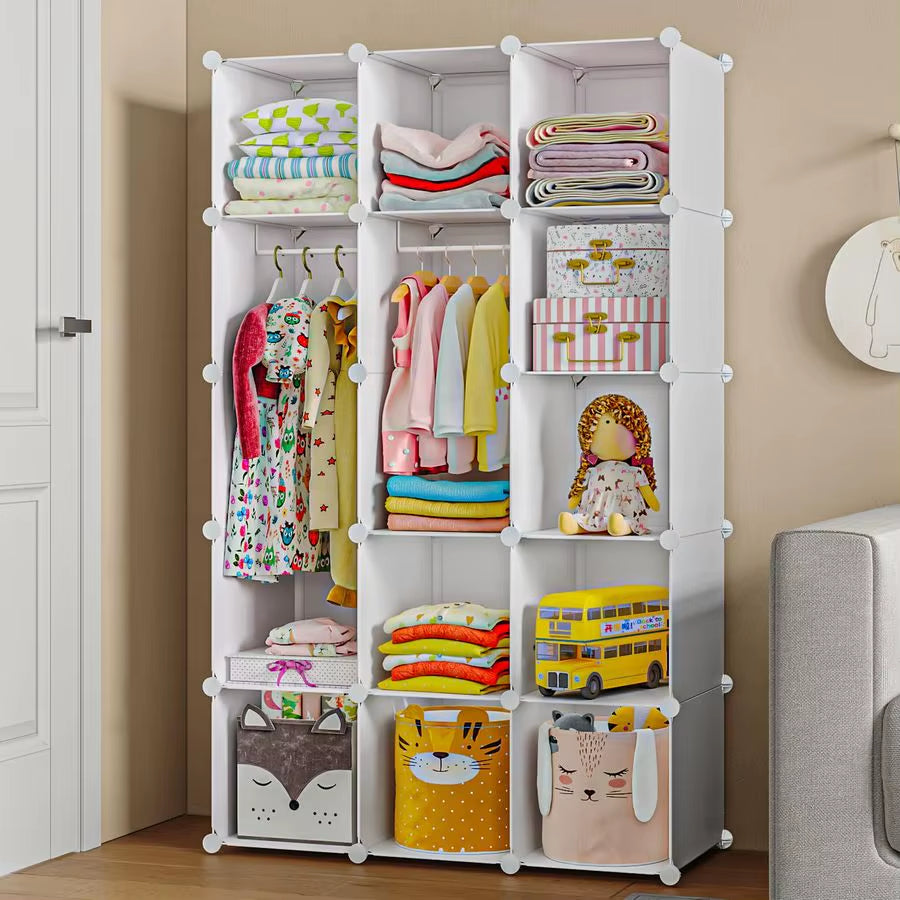 Baby Wardrobe, Modular Kids Dresser,Children Nursery Closet Organizer, 15 Cubes with Hanging Rods,Bedroom,Boys and Girls Storage