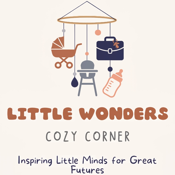 Children's mobile with baby-related items and 'Little Wonders Cozy Corner' text on a beige background