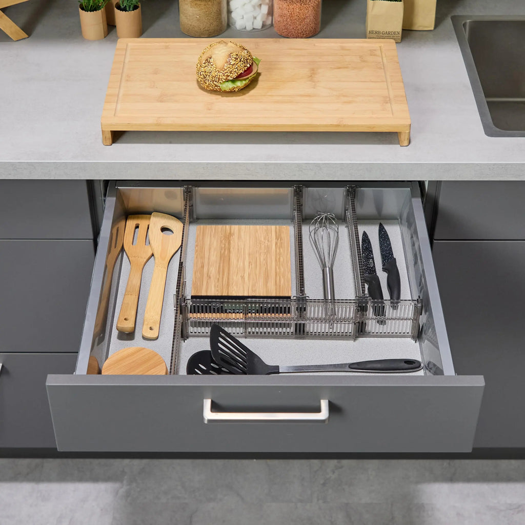 Drawer Divider Adjustable Length from 28 to 53.5 Cm, Kitchen Storage, Organiser, Plastic, Clear,