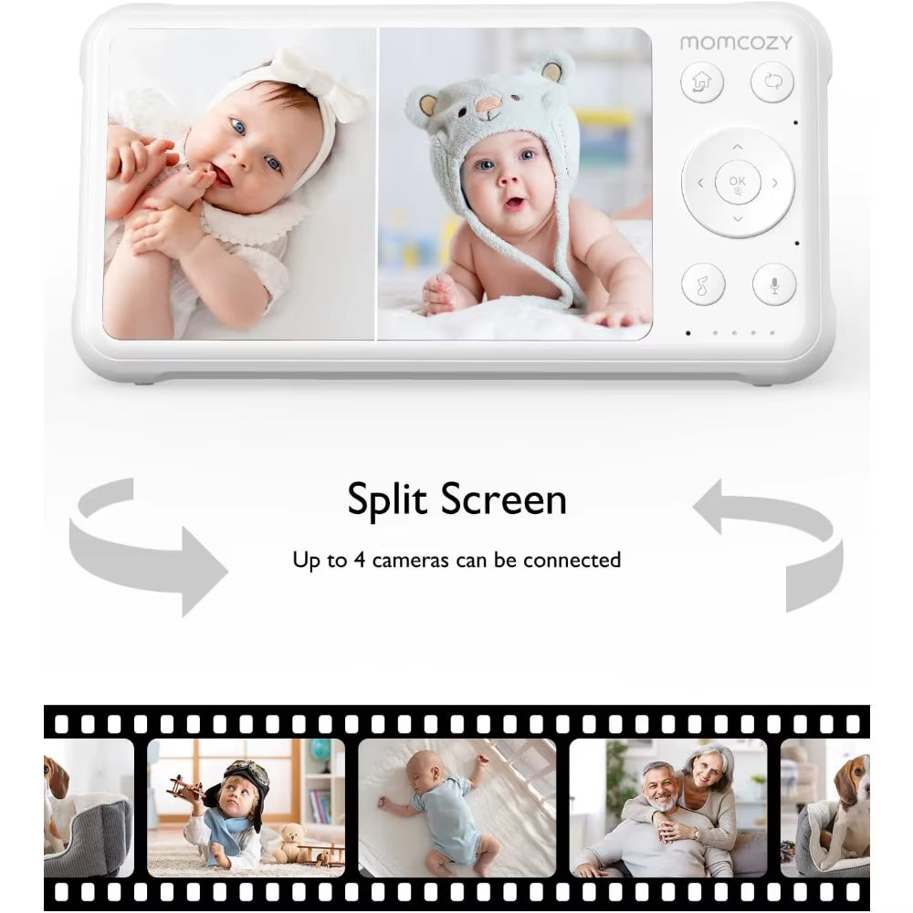 5” Baby Monitor – 2 Cameras, 1080P Split Screen, Audio, No WiFi, 5000mAh Battery