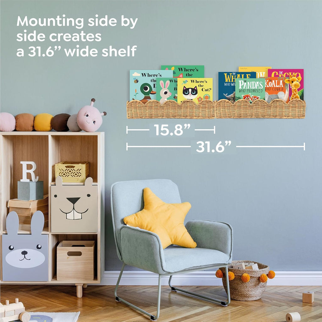 Set of 2 Rattan Scalloped Book Shelves for Kids - Wall Mounted Nursery Decor