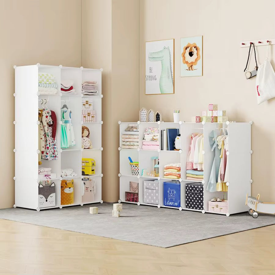 Baby Wardrobe, Modular Kids Dresser,Children Nursery Closet Organizer, 15 Cubes with Hanging Rods,Bedroom,Boys and Girls Storage