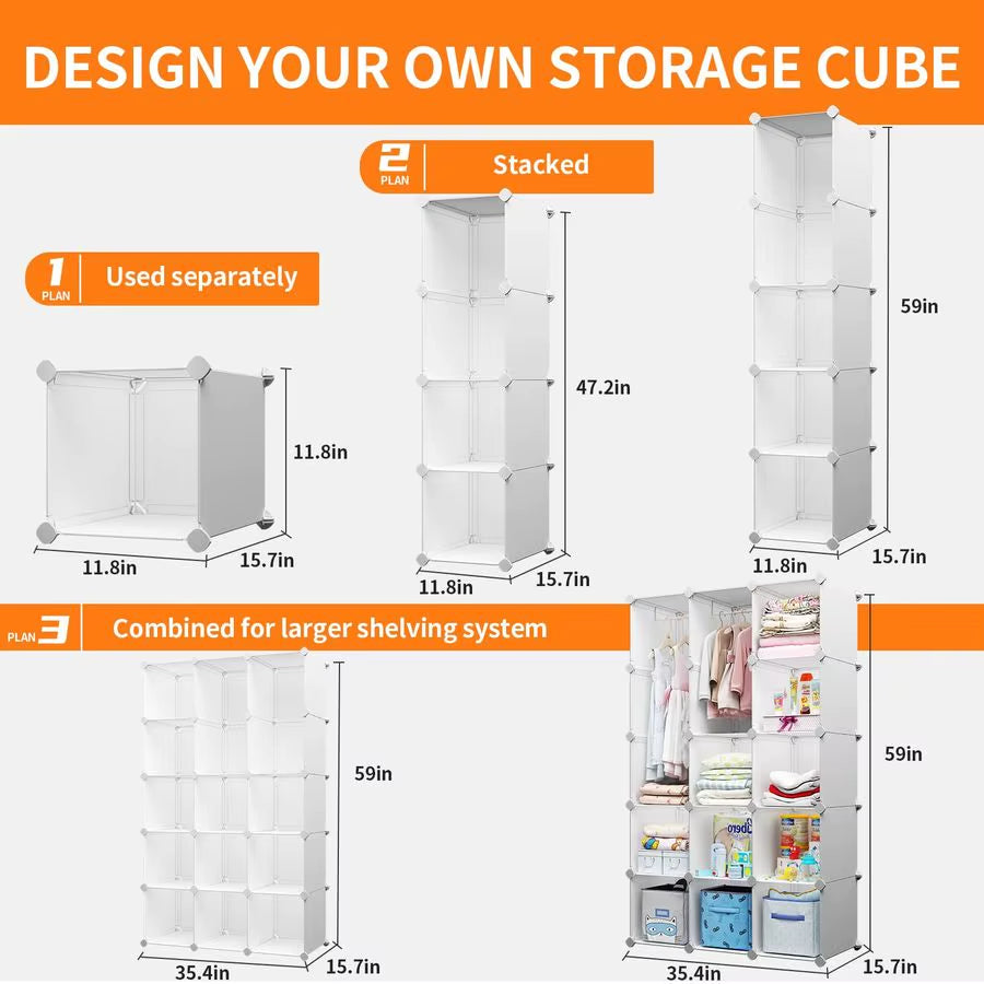 Baby Wardrobe, Modular Kids Dresser,Children Nursery Closet Organizer, 15 Cubes with Hanging Rods,Bedroom,Boys and Girls Storage