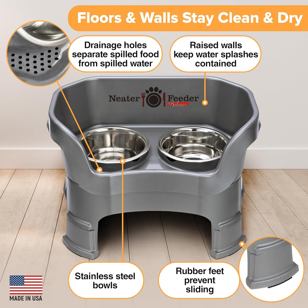 Pet Neater Deluxe Mess-Free Elevated Dog Feeder – Adjustable 10” & 12.5” Stand with Stainless Steel Bowls for Medium Dogs