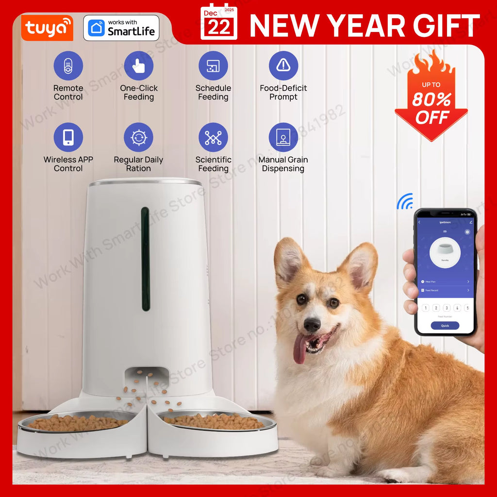 Smart WiFi Automatic Cat Feeder for 2 Cats – 4L Capacity with App Control, Dual Stainless Steel Bowls & Low Food Alerts