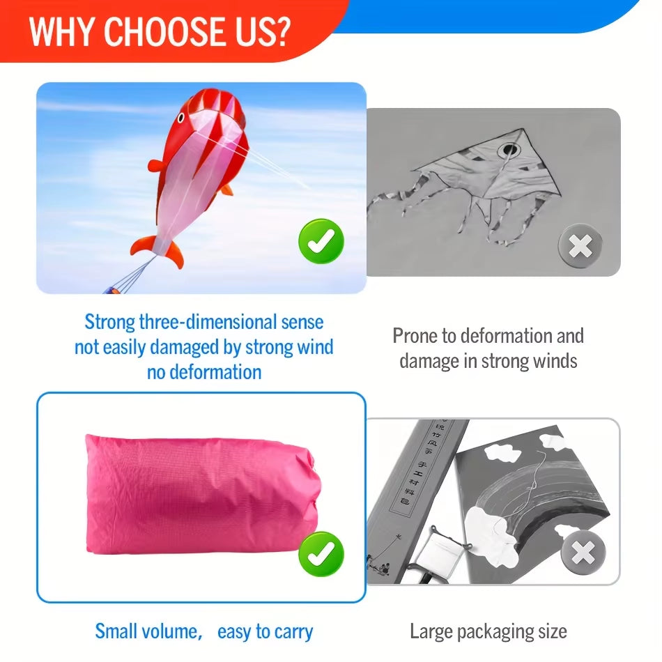Soft Whale Kite Large Animal Beach Kite Outdoor Entertainment Game Easy to Fly anti Tear, Comes with Handle Cable Storage Bag