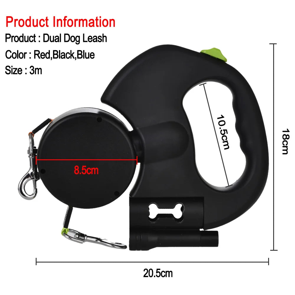 3M Retractable Dual Dog Leash with LED Light – Tangle-Free, 360° Swivel for Small Dogs